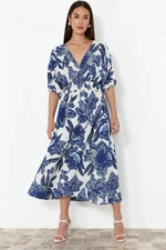 Trendyol Blue Floral A-Line Double-Breasted Midi Woven Dress