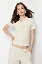 Trendyol Beige Polo Neck Buttoned Short Sleeve Stretchy Ribbed Knitted Blouse