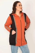 Şans Women's Plus Size Orange Zipper And Hood Detailed Color Combination Sweatshirt