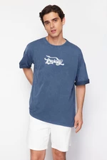 Trendyol Indigo Oversize/Wide Cut Vintage Faded Effect 100% Cotton T-Shirt