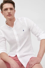 Plátěná košile Polo Ralph Lauren pánská, bílá barva, slim, se stojáčkem