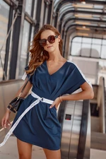 Waist dress with belt in dark blue