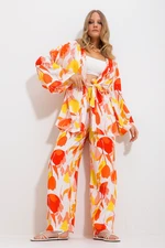 Trend Alaçatı Stili Women's Orange Kimono Jacket And Palazzo Pants Suit