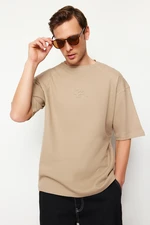 Trendyol Premium Mink Oversize/Wide Cut Textured Waffle Fluffy Text Printed T-Shirt