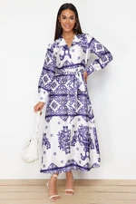 Trendyol Purple Woven Satin Patterned Shirt Evening Dress