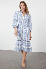 Trendyol Blue Paisley Patterned Midi Woven Ruffle Beach Dress