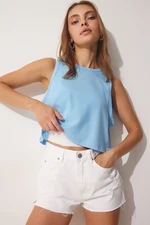 Happiness İstanbul Women's Sky Blue Cotton Halter Neck Crop T-Shirt