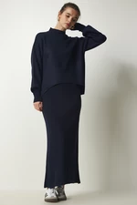 Happiness İstanbul Women's Navy Blue Corded Knitwear Sweater Dress