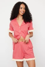 Trendyol Dusty Rose 100% Cotton Ruffle Detailed Knitted Pajama Set