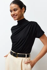 Trendyol Black Shirring/Drape Detailed Fitted/Fitted Short Sleeve Stand Collar Stretch Knitted Blouse