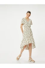 Koton Floral Midi Dress Asymmetric Cut Frilly Short Sleeve V Neck Buttoned Lined