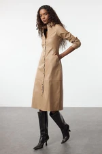 Trendyol Camel Faux Leather Midi Woven Shirt Dress