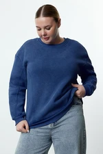 Trendyol Curve Blue Fleece Inside Crew Neck Washable Knitted Plus Size Sweatshirt