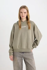 DEFACTO Khaki Cool Loose Fit Printed Hooded Sweatshirt