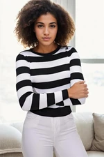 16420 Dewberry Womens Striped Crew Neck Knitwear Sweater-BLACK