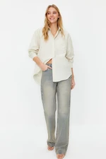 Trendyol Dark Beige Single Pocket Boyfriend Woven Cotton Shirt