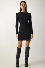 Happiness İstanbul Women's Black Mini Slit Ribbed Knitted Dress