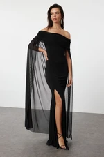 Trendyol Black Long Knitted Tulle Cape Detailed Evening Evening Dress