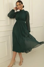 By Saygı High Neck Pleated Sleeves Elastic Lined Chiffon Dress