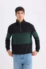 DEFACTO Comfort Regular Fit Casual Fit Stand Collar Zippered Striped Thick Sweatshirt