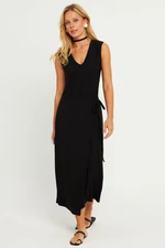 Cool & Sexy Women's Black Waist Tied Wrap Midi Dress