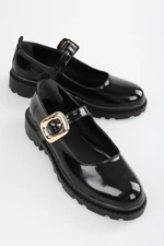 Shoeberry Women's Ophelia Black Patent Leather Daily Ballerinas with Gold Buckle