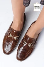 Mio Gusto Jordane Genuine Leather Brown Animal Patterned Flat Toe Women's Loafer Shoes