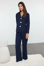 Trendyol Navy Blue Ribbon/Bow Waffle Fabric Knitted Pajama Set