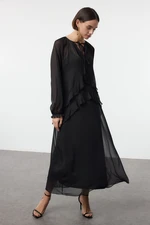 Trendyol Black Straight Cut Ruffle Maxi Chiffon Woven Dress