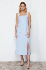 Trendyol Blue Embroidered Skirt Waist Opening Square Collar Midi Woven Dress