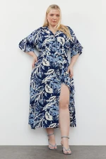 Trendyol Curve Blue Tropical Leaf Patterned Woven Slit Dress