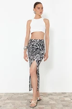 Trendyol Black and White Patterned Gathered Slit Lined Flexible Midi Skirt