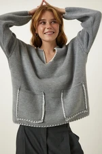 Happiness İstanbul Women's Gray Stitch Detailed Pocket Knitwear Sweater