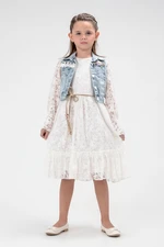 Trendyol Girl's Ecru Lace Detailed Denim Vest Belted Long Sleeve Dress Set Suit