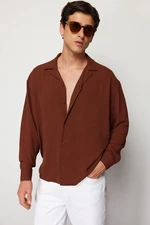 Trendyol Brown Oversize Fit Open Collar Summer Linen Look Shirt