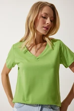 Happiness İstanbul Women's Peanut Green V Neck Basic Knitted T-Shirt