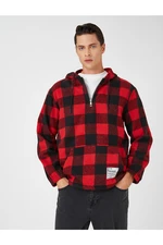 Koton Plaid Hooded Sweatshirt Label Printed Pocket Detail Half Zipper