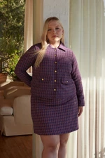 Trendyol Curve Purple Buttoned Plaid/Checked Tweed Woven Plus Size Women's Jacket