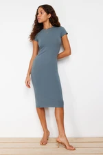 Trendyol Light Anthracite Short Sleeve Fitted/Sticky Cotton Stretch Midi Knit Dress