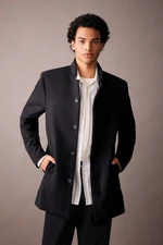 DEFACTO Men's Black Slim Fit Slim Fit Stand Collar Buttoned Pocket Lined Cashmere Coat Parka