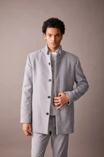 DEFACTO Men's Gray Slim Fit Slim Cut Stand Collar Buttoned Pocket Lined Cashmere Coat Parka