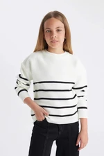 DEFACTO Girl Ecru Striped Crew Neck Knitwear School Sweater