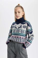 DEFACTO Girls Christmas Themed Turtleneck Sweater