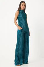 Happiness İstanbul Women's Dark Green Pleated Sleeveless Knitted Blouse Palazzo Pants Set