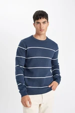 DEFACTO Men's Dark Blue Standard Fit Regular Cut Crew Neck Striped Basic Knitwear Sweater