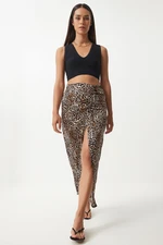 Happiness İstanbul Women's Black Beige Leopard Patterned Slit Midi Knitted Skirt