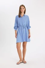 DEFACTO Shirt Collar Gingham Check Button Closure Tied Waist Seersucker Textured Long Sleeve Mini Dress