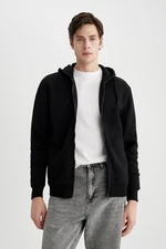 DEFACTO Black New Regular Fit Hooded Basic Plain Zippered Sweatshirt