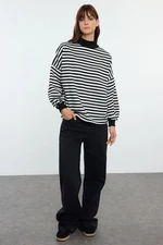 Trendyol Black Basic Striped Oversize Pattern Half Turtleneck Thick Polar Fleece Knitted Sweatshirt