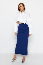 Trendyol Navy Blue Premium with a Glossy Finish and Soft Textured Draping Maxi Knitted Skirt